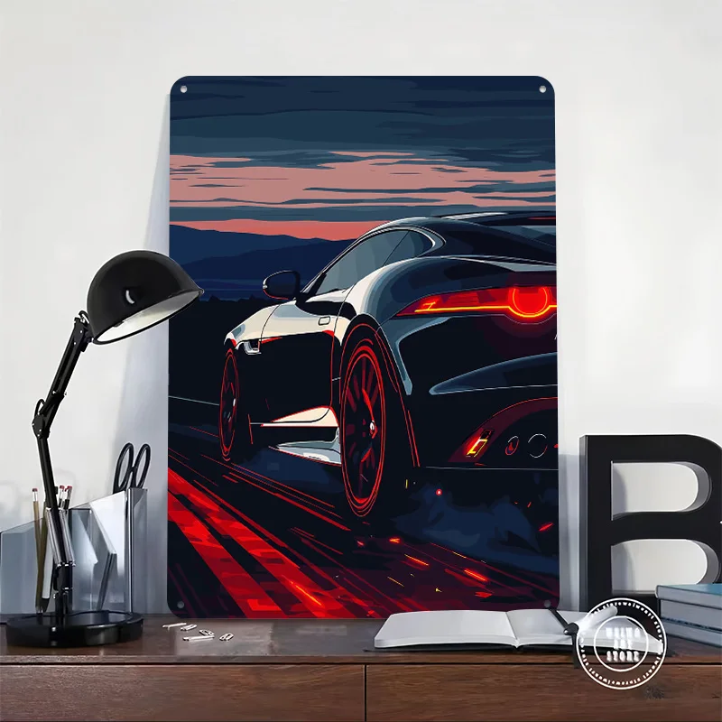 Sleek Black At Dusk Car Printed Poster Customized Retro Wall Art Vintage Metal Tin Signs for Home Room Decoration Gaming Decor