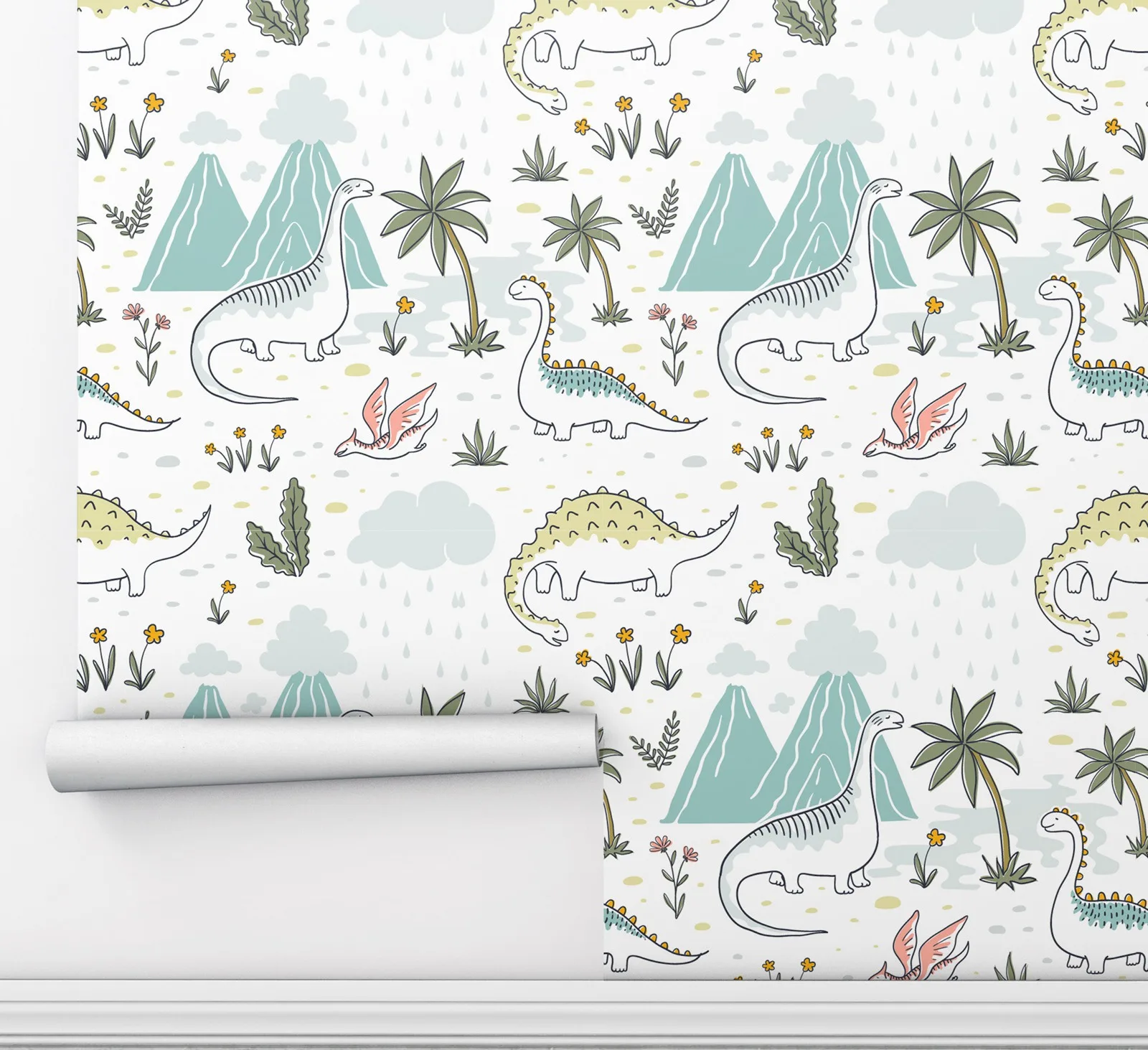 Vibrant Cartoon Dinosaurs /Mountains Peel and Stick Wallpaper,Kid-friendly Wall Paper Of Children's Room,Self-adhesive/Tradition
