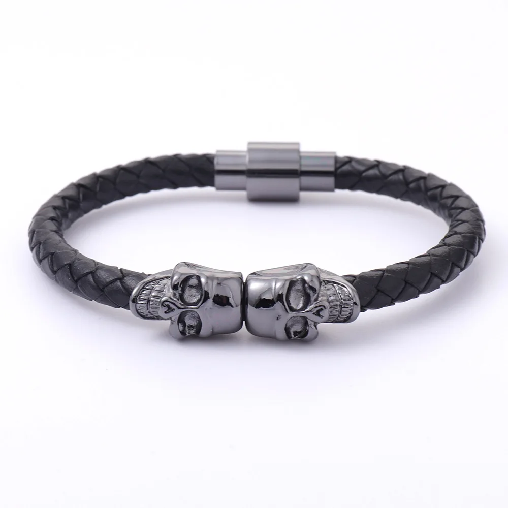 New Wholesale Men's Leather Ghost Head Bracelet Punk Style High Quality Skull Head Bracelet for Boys 19cm/7.5inch