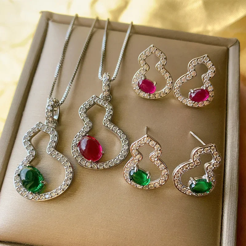 

Elegant Gourd Shaped Jewelry Sparkling Crystal Pendant Necklaces Matching Earrings with Red and Green Gem Accents Women Gift