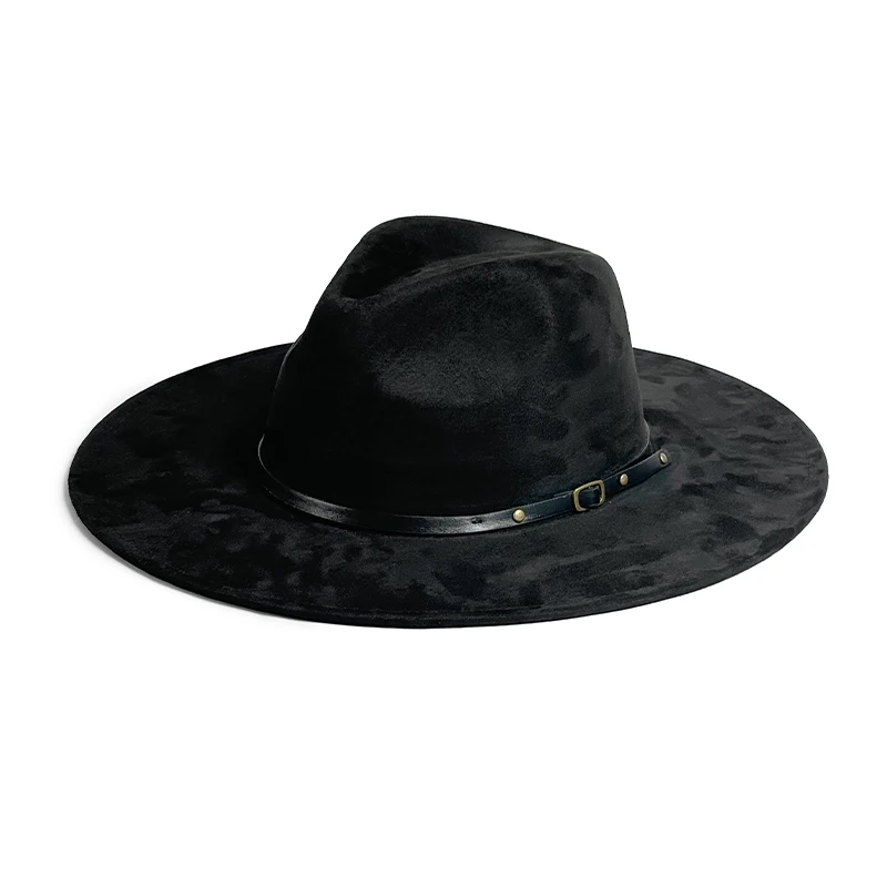 

Retro 9.5cm Wide Brim Suede Fedora Hat Women Unisex Autumn Winter Casual Fashion Church Leather Strap Jazz Top Hat Panama hat