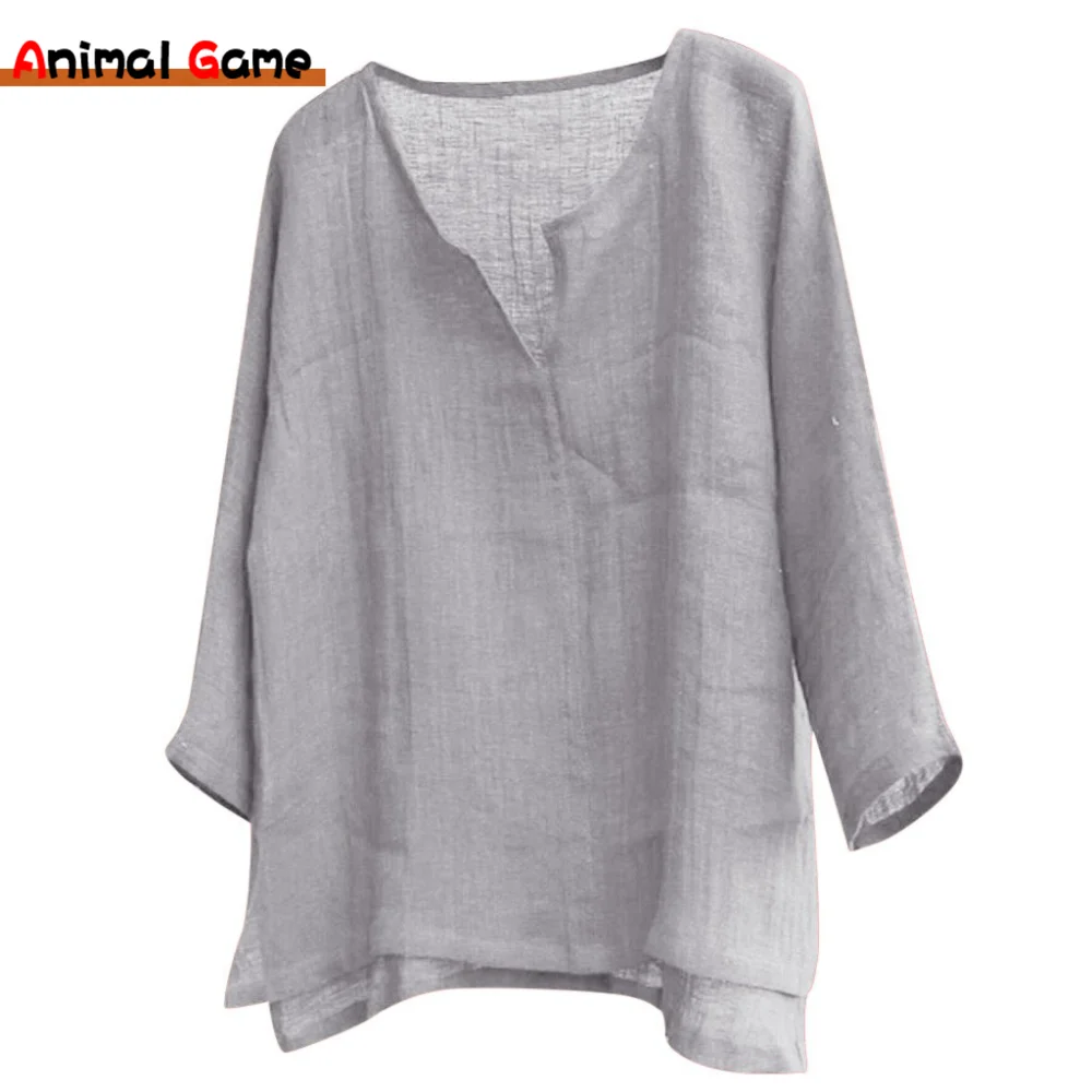 

New Men's Linen Long Sleeve Plus Size Shirt Solid Color Casual Cotton Shirt V-neck Loose Tops S-5XL