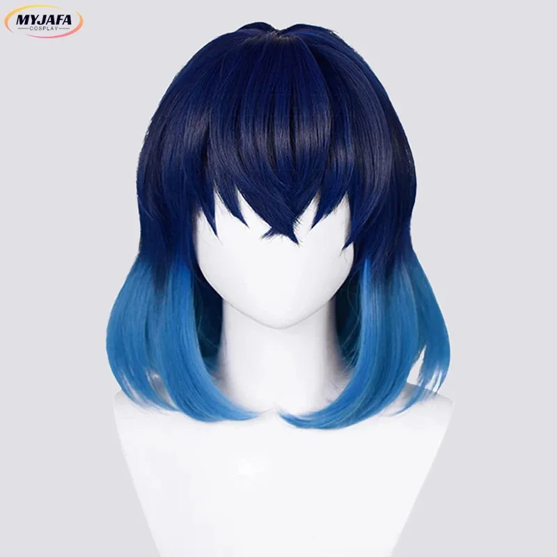 2025 alta calidad Hashibira Inosuke Cosplay azul Ombre pelo resistente al calor Anime juego de rol pelucas + gorro de peluca