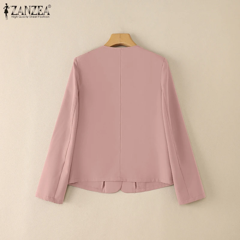 ZANZEA 春軽量ブレザー女性のためのカジュアル V ネック長袖ソリッドカラースーツジャケット女性服通勤オフィスウェア