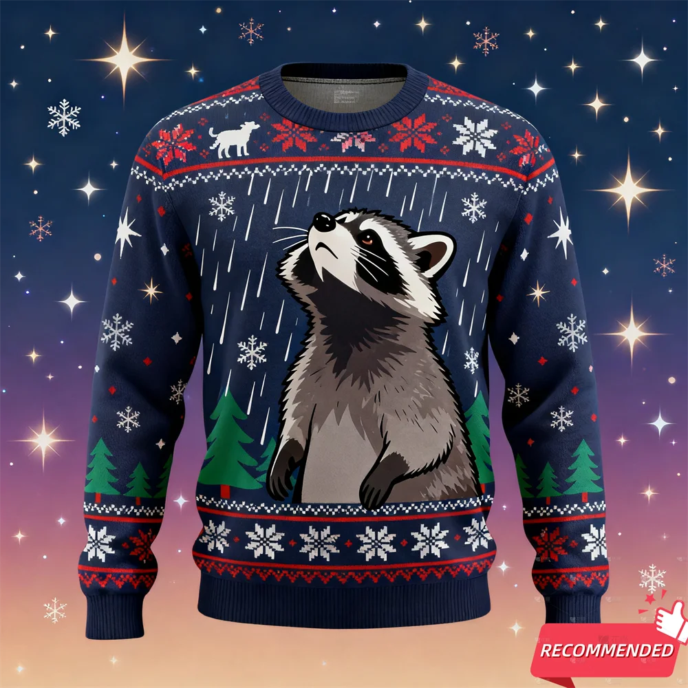 

2026 С Рождеством животных, толстовки с 3D принтом, милый енот, детский уродливый рождественский свитер, новые свитера, мужская одежда