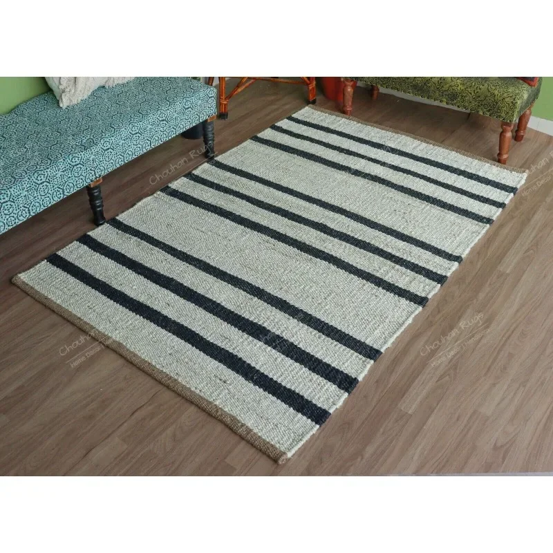 Handwoven White Hemp Jute Rug with Navy Blue Stripes Line Hemp Rug