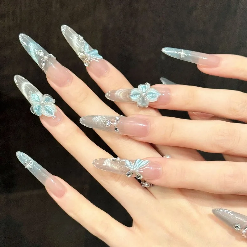 

10pcs Handmade Nails Featuring 3D Blue Floral Butterflies These Press-on Nails Make A Great Gift for Girls and Friends