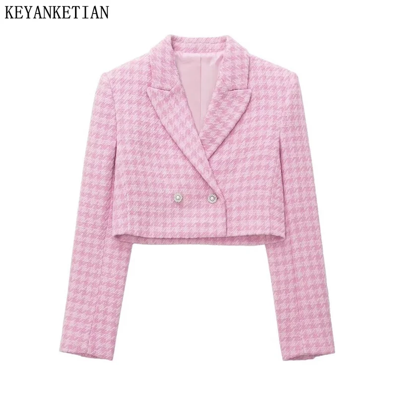 EllYANEllTIAN-Haut court droit en tweed pied-de-poule pour femme, haut court à boutonnage simple imbibé, nouvelle mode, automne et hiver 2024