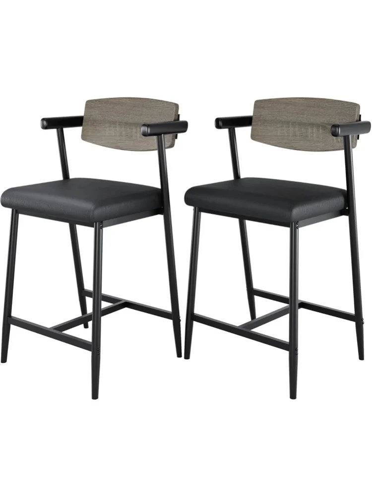 Ergonomische Barhocker im 2er-Set: 66 cm Thekenhöhe, breiter gepolsterter Kunstledersitz mit Armlehne, Holzrückenlehne & Metallbeine, Fußstütze für Kücheninsel, komfortable moderne Inneneinrichtung,