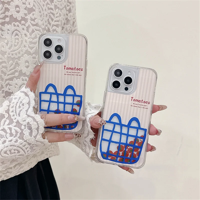 Tomatoes Slider Floating Case for iPhone 16 15 17 Pro Max Glitter Dynamic Quicksand Hard Back Cover Silicone Shell Liquid Funda