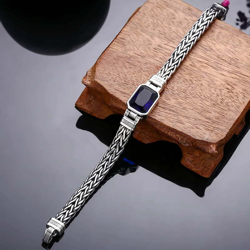 HX Silver Color Handwoven Handmade Bracelet 5MM Men\'s Blue Zircon Set Trendy Retro Vintage Bracelet Ins Jewelry