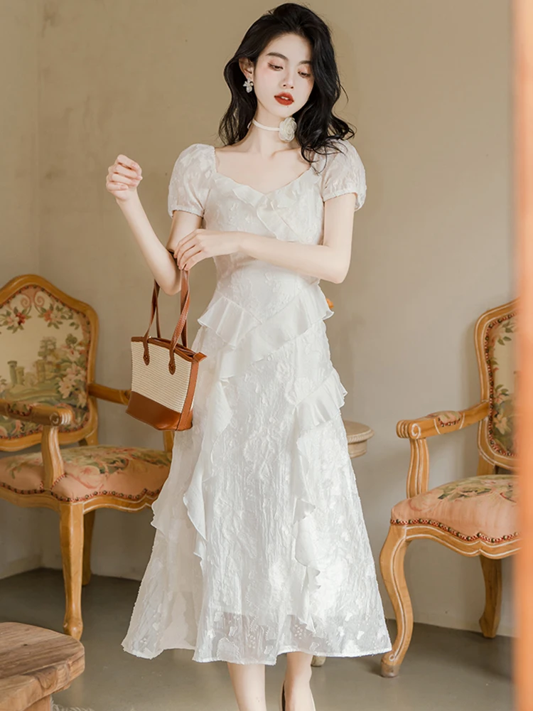 

Summer White Jacquard Chiffon Chic Ruffled Casual Long Dress Women Elegant Sqaure Collar Dress 2025 Korean Fashion Bodycon Dress