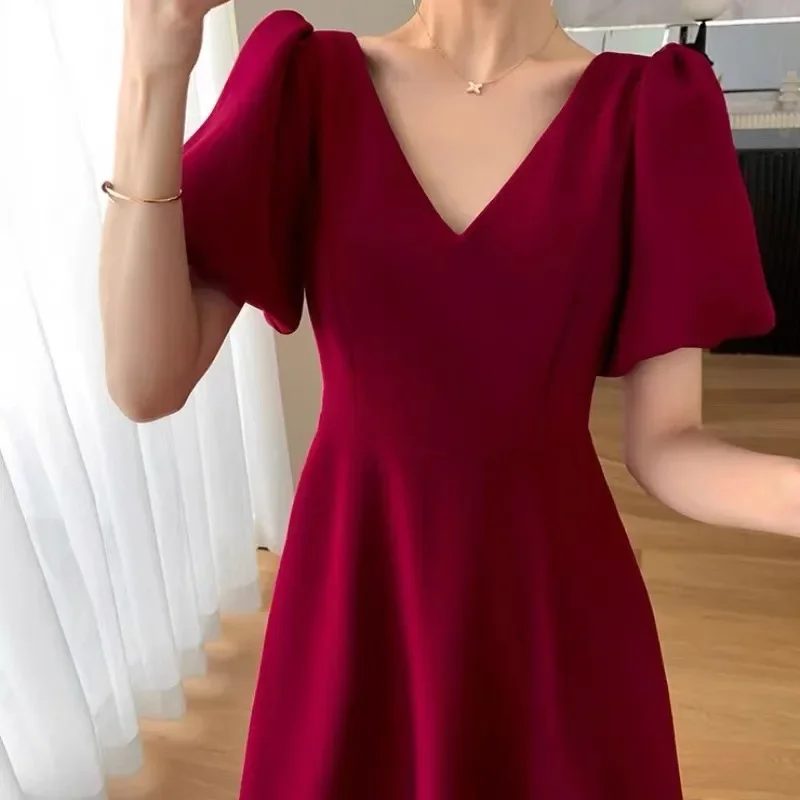 Vestido longo elegante para mulheres 2022 verão novo estilo francês redução de idade com decote em v manga bufante vestido vermelho