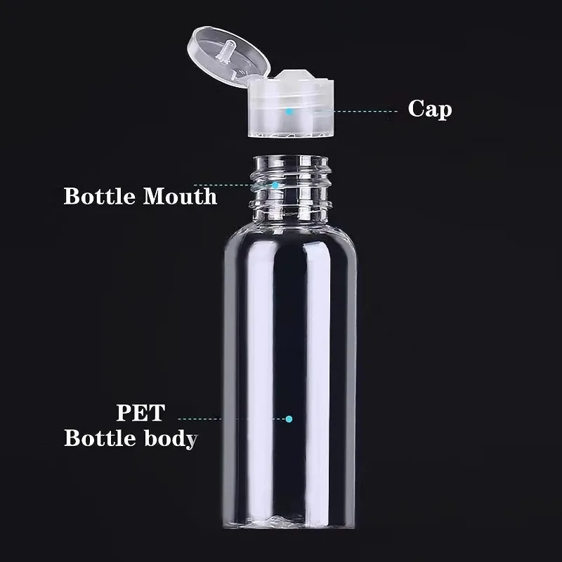 10 Uds. Botellas de plástico PET transparentes, botella vacía de viaje de 5ml-100ml con vial abatible, artículos de tocador líquidos, dispensador de champú y acondicionador