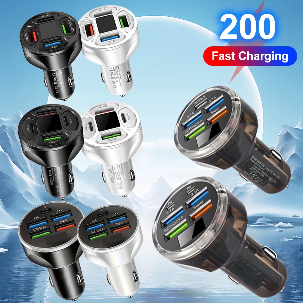 120W 4-6 Ports Car Charger Fast Charging PD QC3.0 USB C  Car Phone Charger USB Adapter in Car For iPhone Xiaomi Samsung