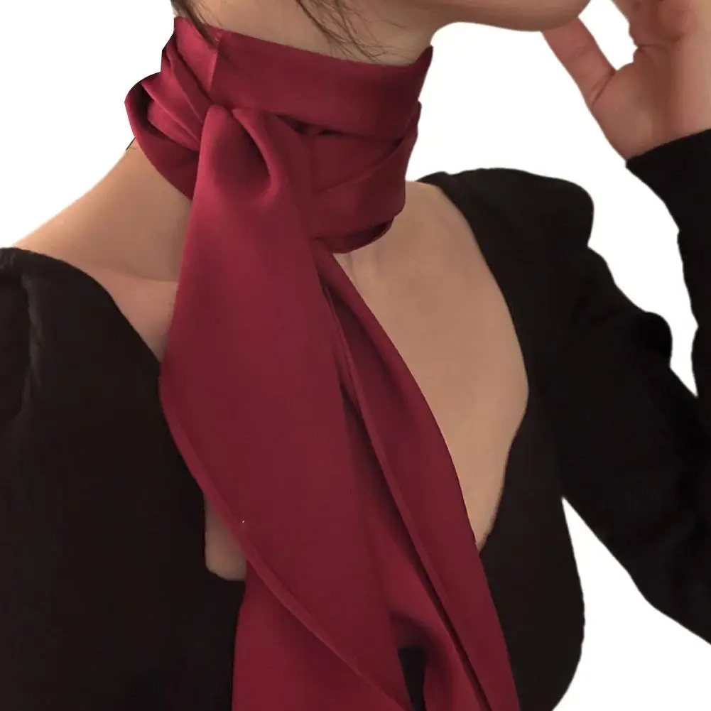 Women Narrow Long Scarf Ribbon Headband Choker Chiffon Tie Streamer Multipurpose Silk Coat Scarf Accessories Red Fur Rubber E9M7