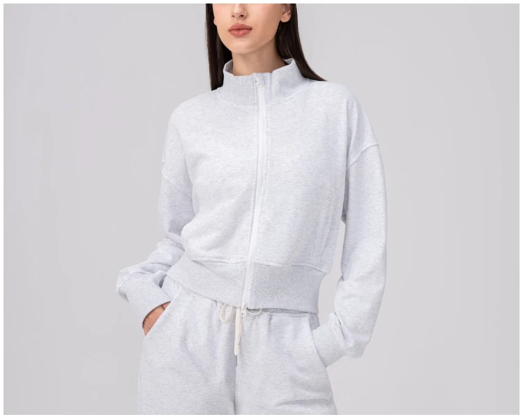 VITALINOVO Damen-Jacken mit Reißverschluss, Stehkragen, kurzes Sweatshirt mit Taschen, Daumenloch, Herbst, langärmlig, Sportjacken, Winter – Detail 1