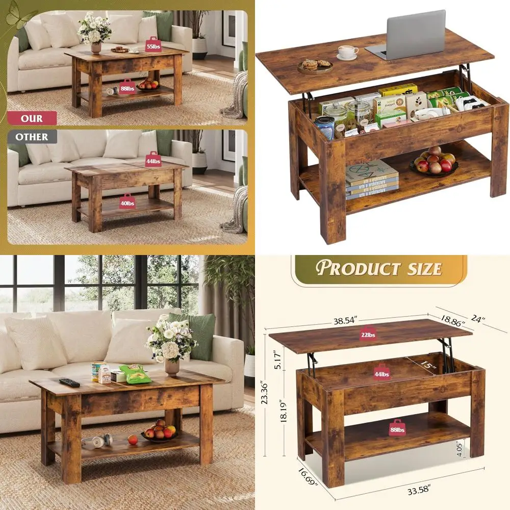

Rustic Brown 39 Lift-Top Coffee Table with Storage Shelf and Hidden Compartment for Home, Office, and Reception