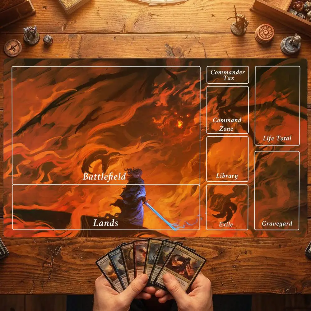 Flame Hell Swordsman Mouse Pad Card Playmat Stitched with Magic Zones Tabletop for MTG/TCG Card Battle Commander Gaming Mat