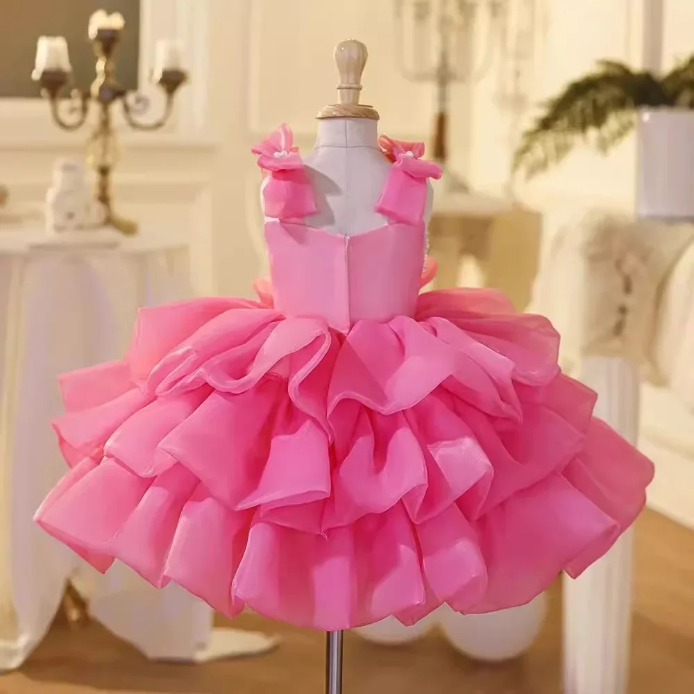 Vestidos de luxo personalizados para meninas, vestidos para casamento, princesa rosa, crianças, laço de pérola, vestidos infantis, vestido de festa de aniversário infantil