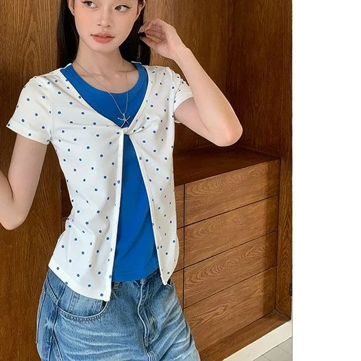 Splicing Two Polka Dot Short Sleeved Women's Summer New Desig Slim Fit Versatile Niche Top