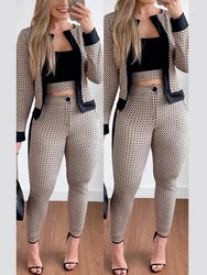 Conjunto elegante de dos piezas para mujer, traje de 2 piezas con estampado a cuadros, abrigo con paneles en contraste y pantalones ajustados, chándal largo, otoño