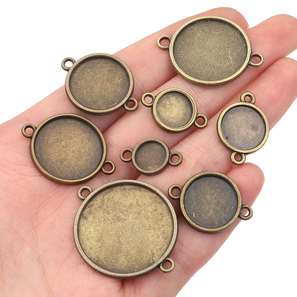 10pcs/lot 8/10/12/14/16/18/20/25mm Vintage Metal Pendant Base Double Holes Charms Base Tray Connectors DIY Necklace Bracelet