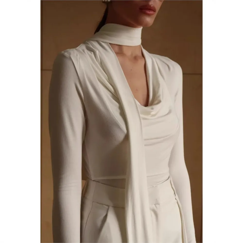 Streamer V-neck Scarf Long-sleeved Bottoming Shirt Spring Summer Women's New Top Short Pleated Solid Color T-shirt Ropa Mujer