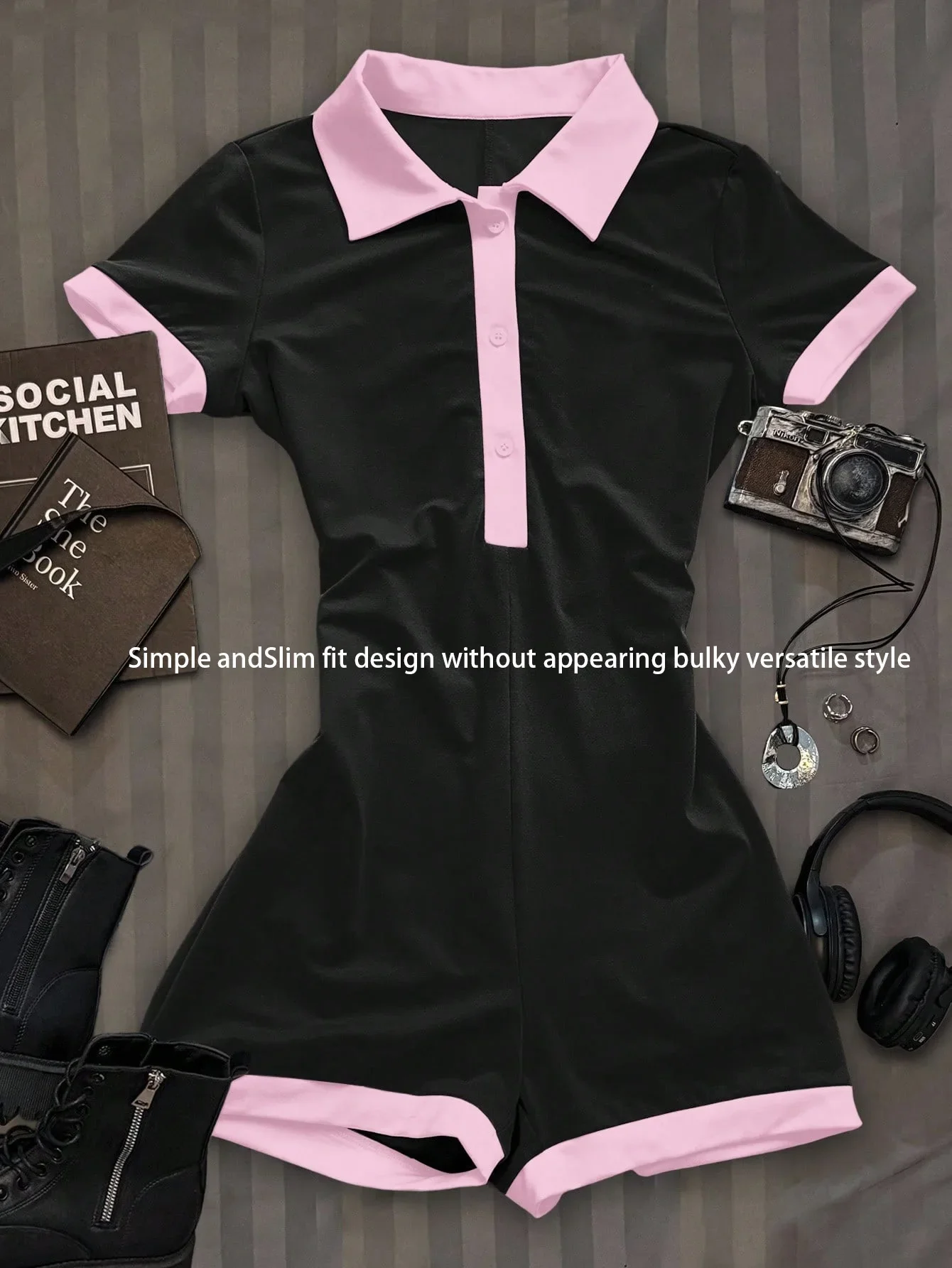 จั๊มสูทสีดำและสีชมพู ชุดโยคะและฟิตเนส ช่วยให้ดูผอมลง สวมใส่ได้ทั้งนอกบ้านและอยู่บ้าน จั๊มสูทขาสั้น