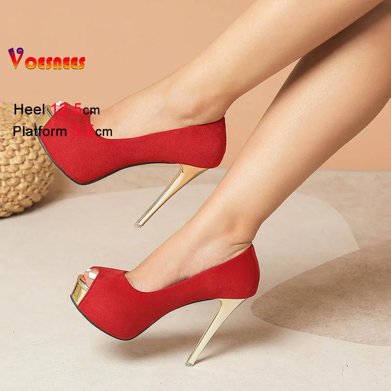 12.5CM Gold Thin Heel Peep Toe Single Shoes Suede Women Pumps Versatile Fashion Platform Spring Summer Shallow Mouth High Heels
