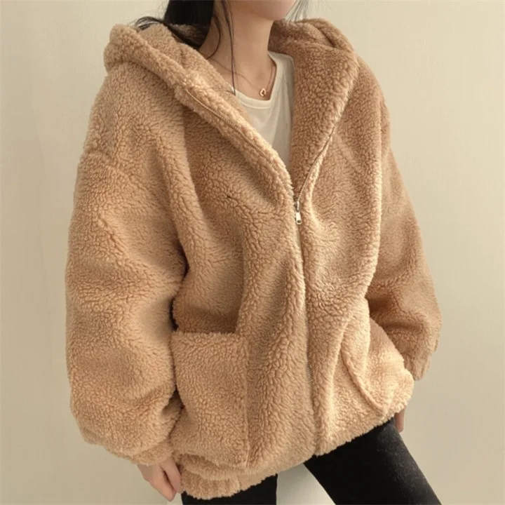 Loose Zipper Hooded Jacket 2024 Women Thicken Korean Version Plush Thickened Lamb Wool Cotton Middle Length Coat Winter