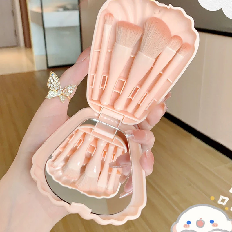 5Pcs Mini Complete Function Cosmetic Brushes With Mirror Shell Portable Travel Makeup Brush Set Cosmetic Brushes Kit With Case