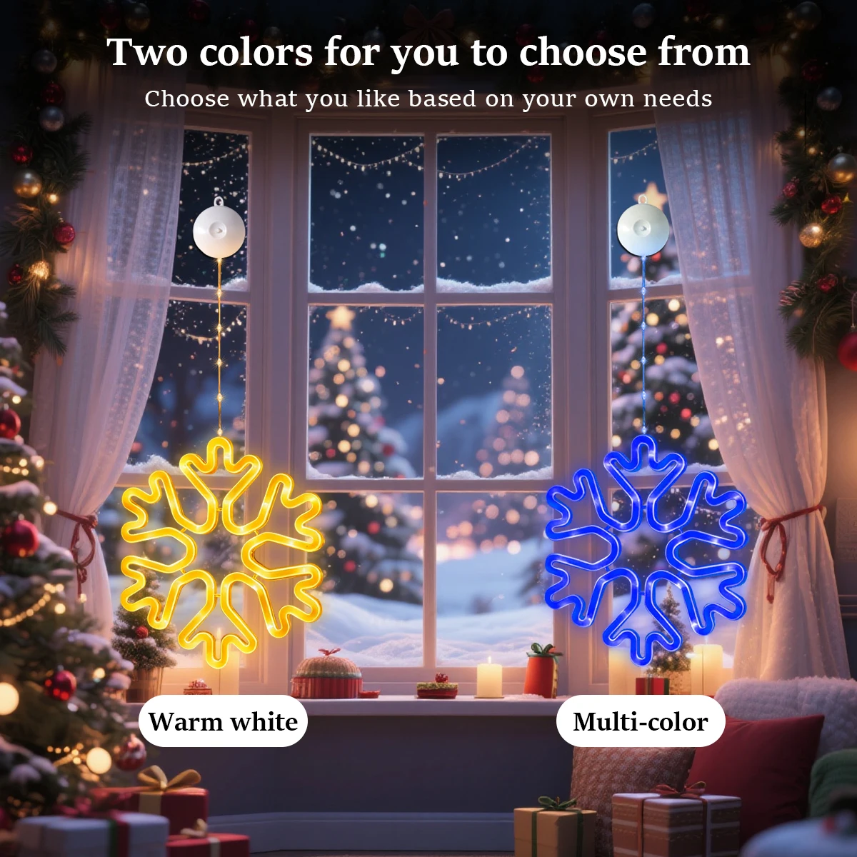 أضواء ندفة الثلج نافذة عيد الميلاد الدافئة/متعددة الألوان، أوضاع إضاءة 8/12، مصباح معلق نيون LED يعمل بالبطارية لعطلة عيد الميلاد