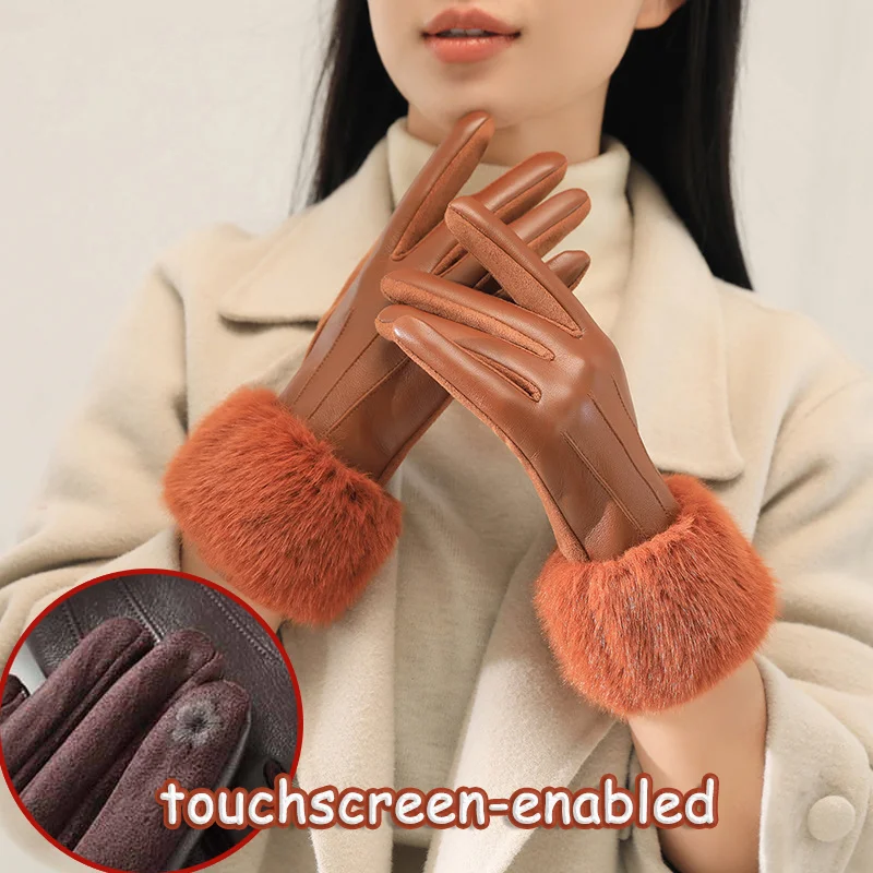 

2025 женские роскошные кожаные мягкие манжеты с отделкой из искусственного меха, модные элегантные наручные зимние вечерние теплые толстые ветрозащитные перчатки с сенсорным экраном
