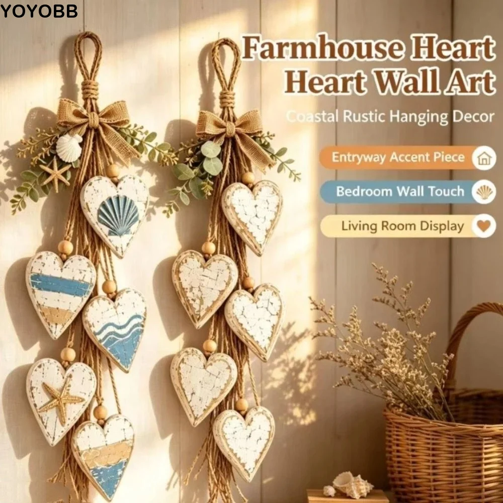 Rustic Farmhouse Wooden Heart Wall Hanging Distressed Fall Maple Leaf Heart String Pendant Vintage Eucalyptus Bow