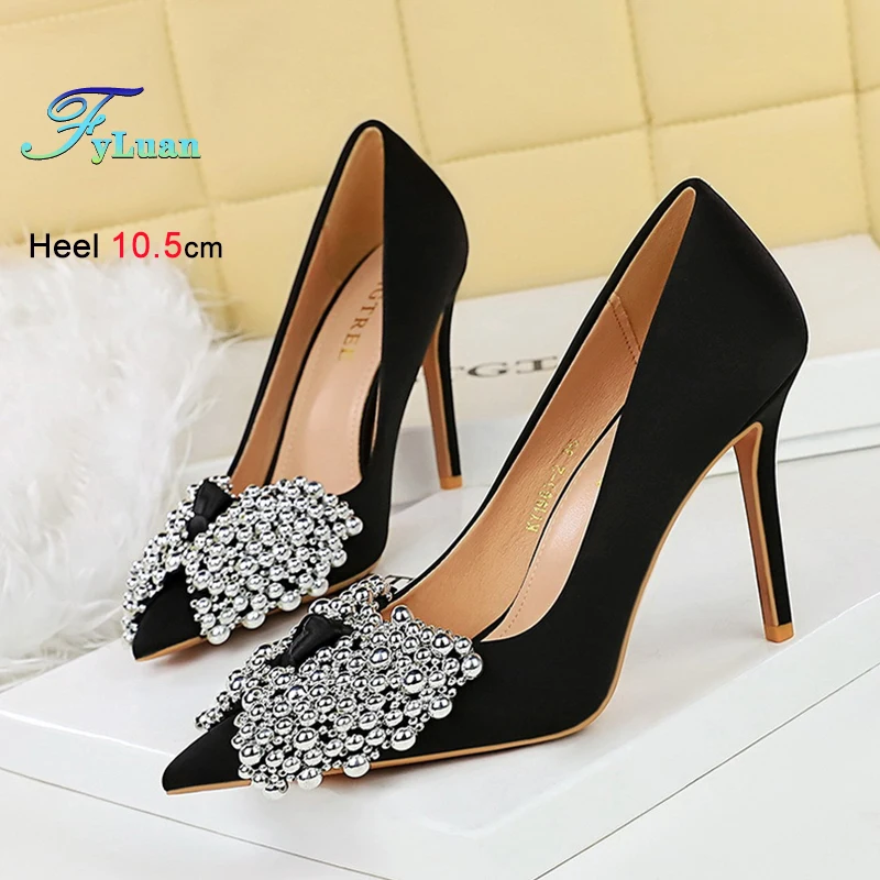 

Super High Heel 10.5cm Women Pump Rhinestone Bow Decoration Shallow Mouth Pointed Toe Lady Stiletto Temperament Bridesmaid Shoes