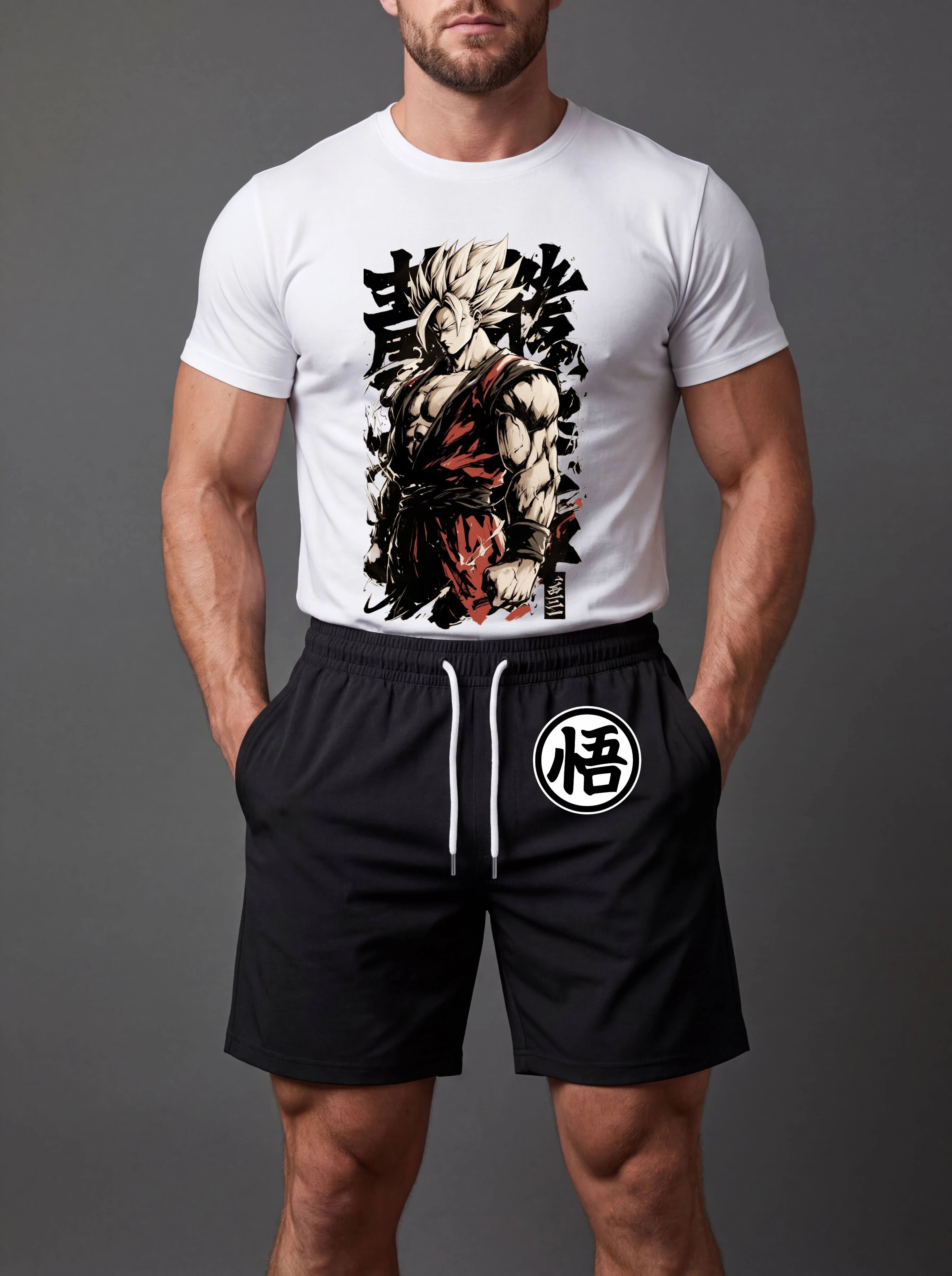 Conjunto de Camiseta y Pantalones Cortos para Hombre, Verano 2026, Dragon Ball Super Saiyan Son Goku, Estilo de Tinta de Pelo Blanco, Estampado Wu, Alta Calidad, Suave