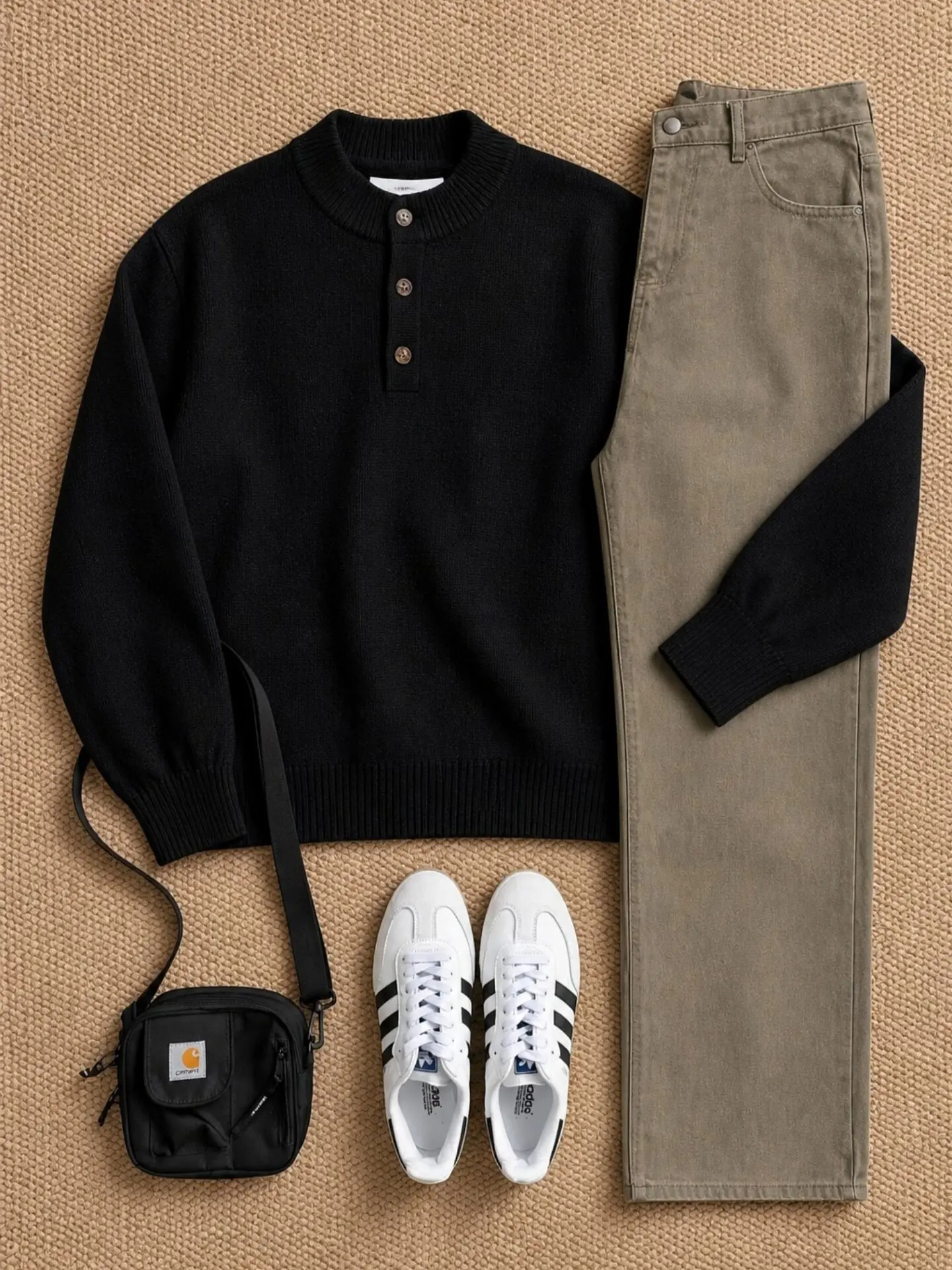 Black Henry Collar Knitwear Men's Style Autumn American Retro Lazy Style Inner Wear Base Shirt Loose Fit Soft Long Sleeve