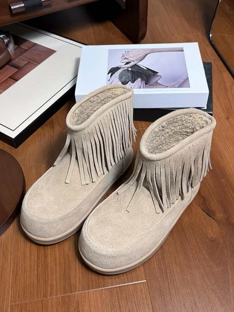 الشتاء أنيقة المرأة شرابة جلد البقر المدبوغ الثلوج الأحذية الدافئة الصوف عالية أعلى الأحذية عارضة جولة تو الكاحل السيدات حذاء مسطح #3