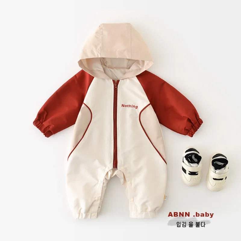 UNITIM Infant Babys Girls Rompers Spliced Long Sleeve Zipper Kids Girls Jumpsuits Letter Print Hooded 6-24M Little Boys Onesies
