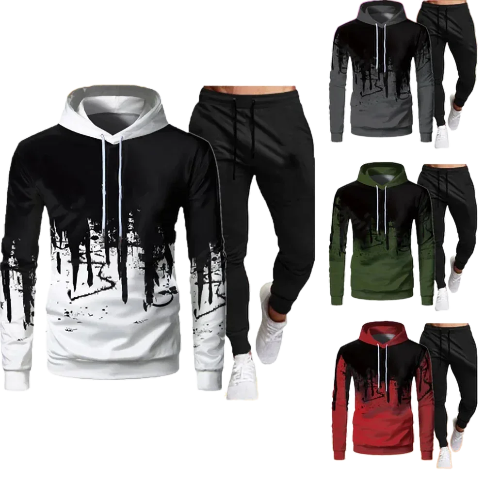 

2024 Men's Sports Sweatershirt+jogging Pants Male Fall/winter Casual Pullover Tops Splash Ink Printing Designer Fashionable Suit