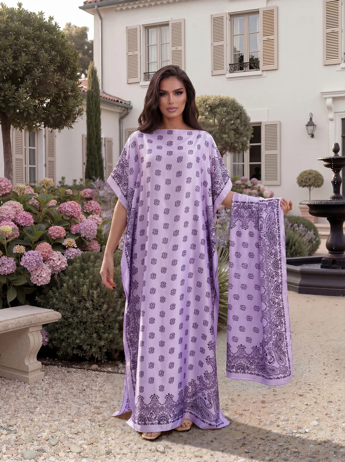 Boho Paisley Floral Print Satin Abaya Scarf Set, Loose Batwing Maxi Kaftan For Muslim Women Summer Beach Daily Holiday Wear