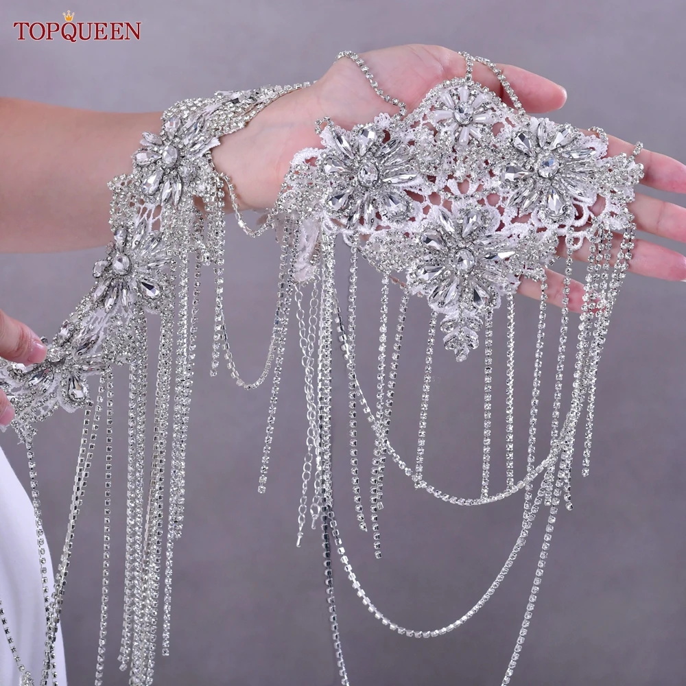 Topqueen Rhinestone Tassel Necklace Ladies Body Chain V Neck Wedding Dress Accessories Bridal Shoulder Chain Party Shawl SG01