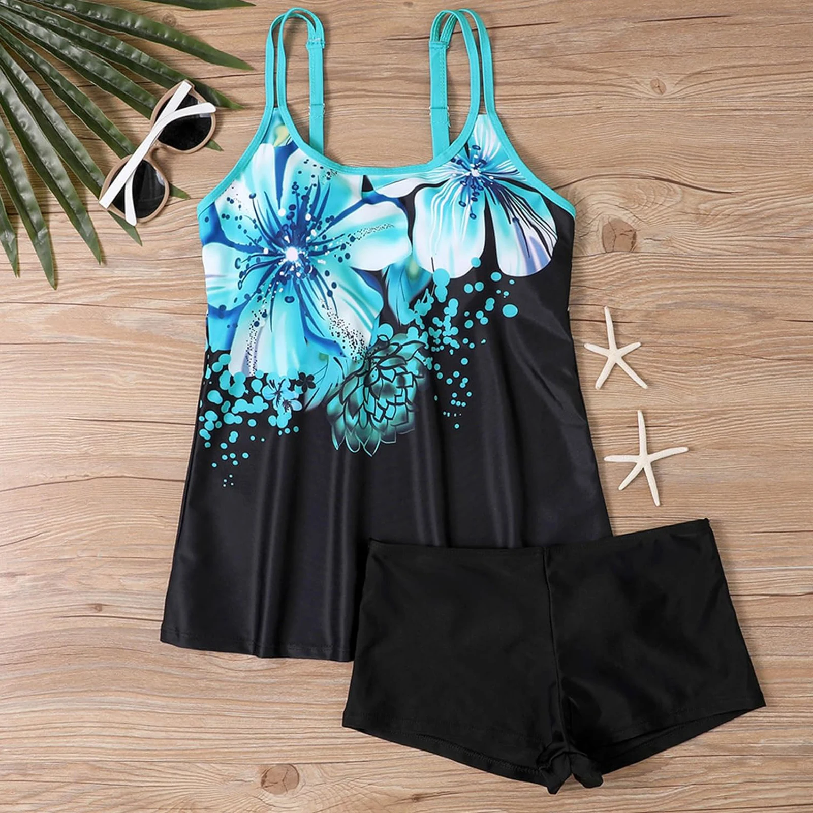 Women's Summer Tankini Swimsuit Fashion Print Sleeveless Tank Tops with Shorts Two Pieces Bathing Suits