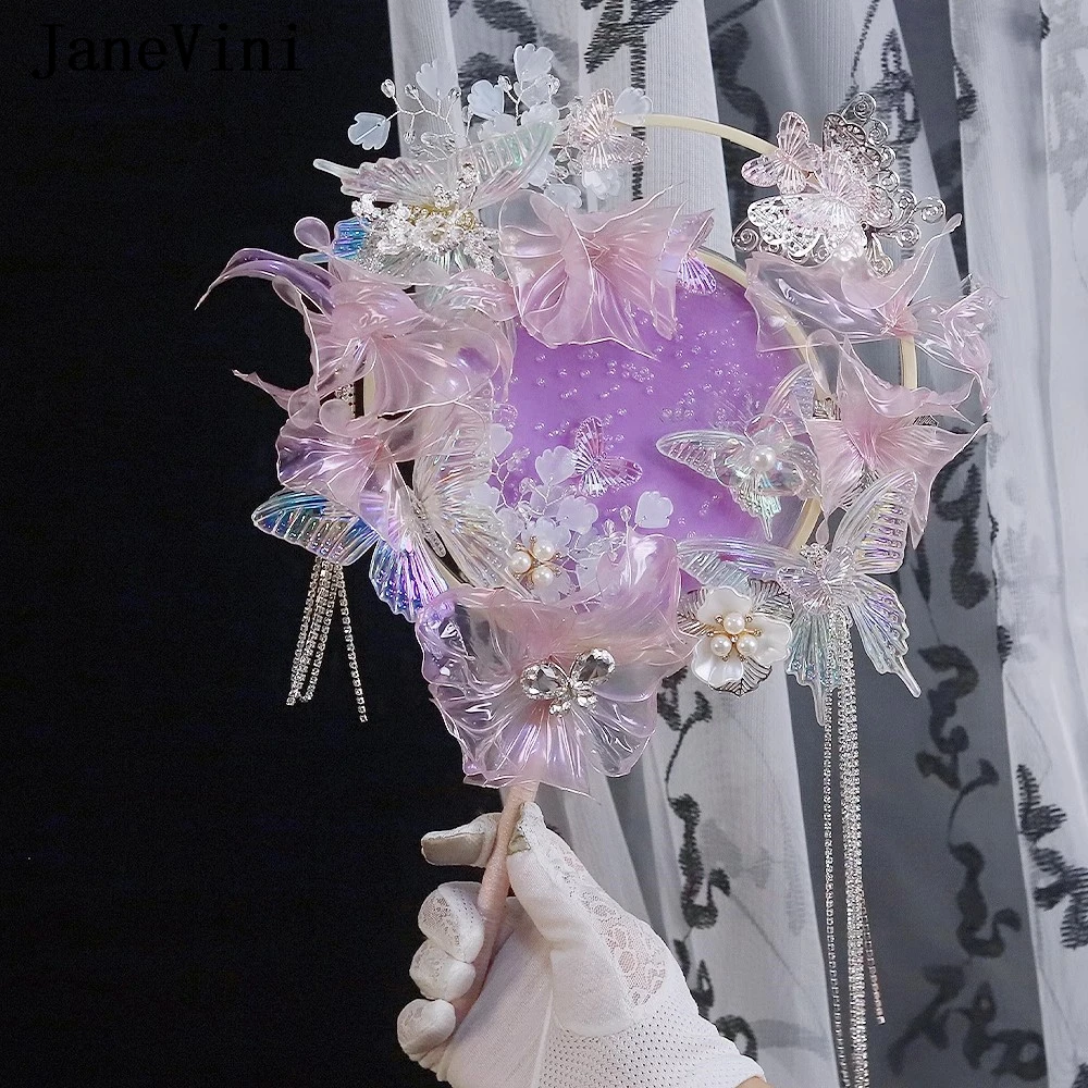 JaneVini Romantic Purple Butterfly Wedding Fan for Bride Hanfu Accessories Crystal Rhinestone Tassel Bridal Fan Flowers Bouquets