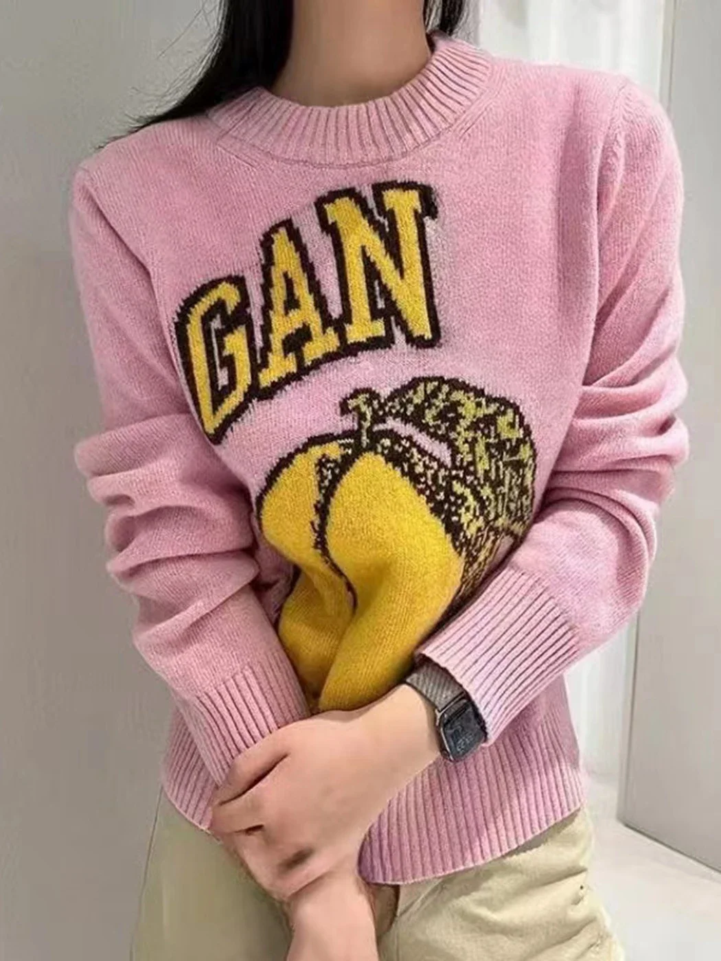 Suéter Jacquard de pêssego feminino, pulôver com gola redonda, suéteres de lã, streetwear casual, saltadores femininos, outono, inverno, moda, 2023