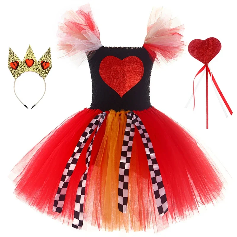 Disfraz de Halloween para niñas, vestido de princesa con corazón rojo, tutú, disfraz de Reina, conjunto de vestidos para fiesta y vacaciones