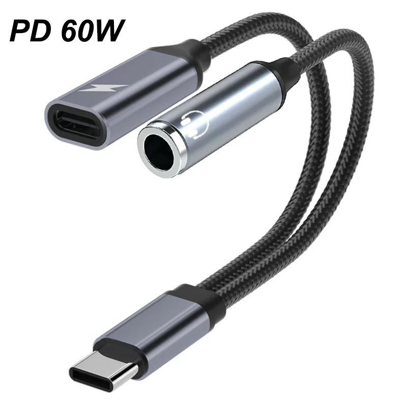 

2 in 1 USB C Splitter to 3.5mm Headphone Jack and Charger Adapter PD 60W Fast Charging Audio Dongle for iPhone 15/16 Samsung Xia