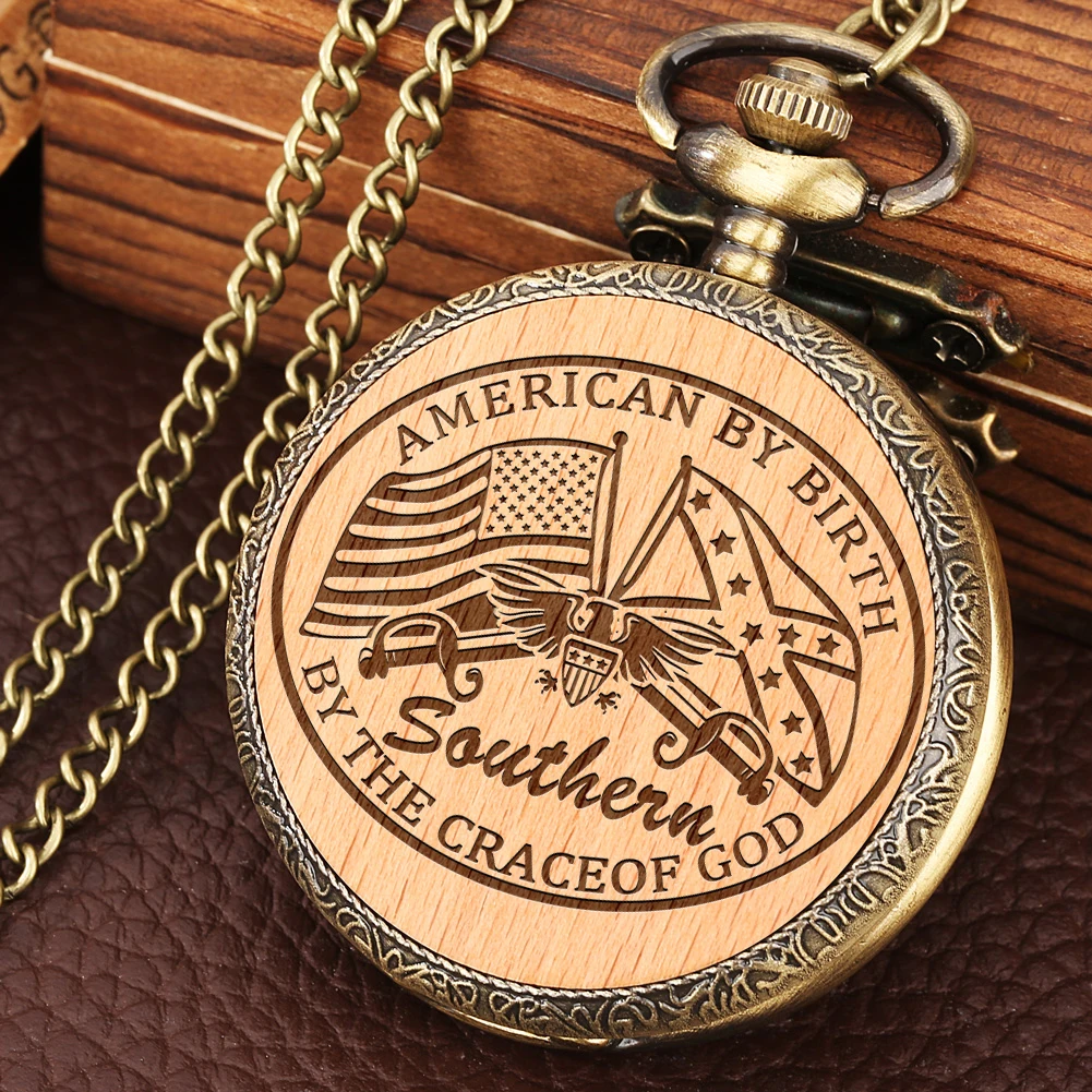 Antique Bronze Alloy Wood Pocket Watch Quartz Battery Clock Classic Arabic Numeral Dial Men Lady Necklace Waist Chain Accessory