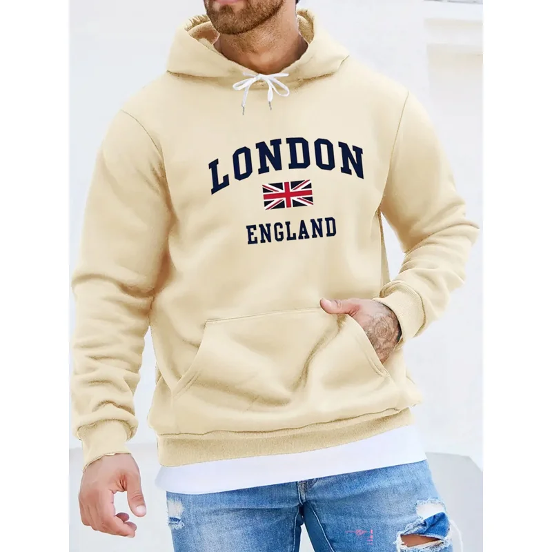 Men's autumn and winter casual fashionable loose hooded sweatshirt London England printed long sleeved warm pullover
